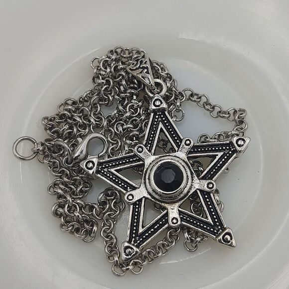 Stainless Steel Five Point Star Pendant with Black Crystal Necklace - Picture 6 of 6